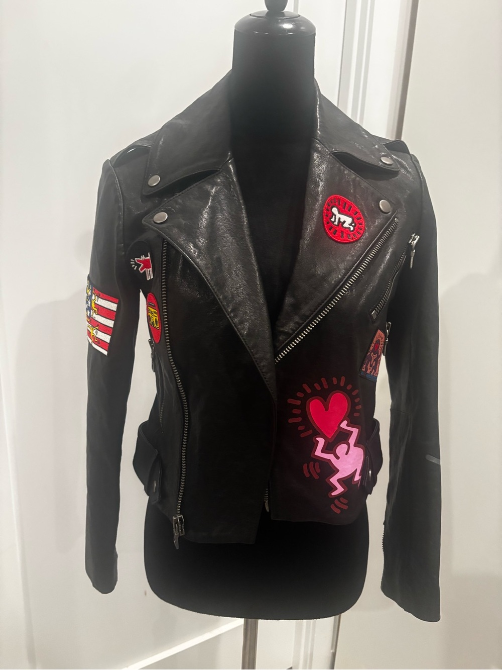 Alice + Olivia Black Leather Patch Moto Jacket with Pink & Red Accents